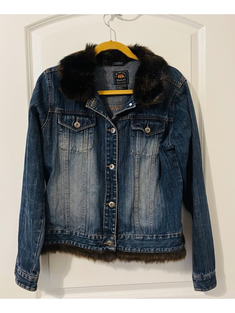 Vtg Route 66 Faux Fur Trim Denim Jacket Womens Y2K Blue Jean Trucker Coat SZ M